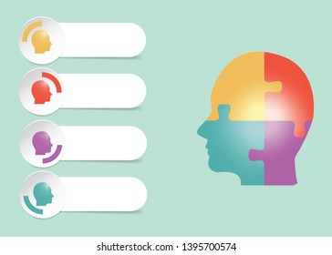 Infographic Of Puzzle Head Divided Into Four Sections And Blank Labels For Your Text Marked With Four Colored Heads 