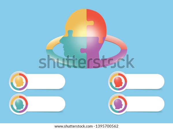 Infographic of puzzle head divided into four sections in\
the center of vector and blank labels for your text under the head.\

