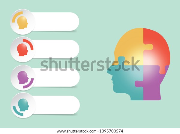 Infographic of\
puzzle head divided into four sections and blank labels for your\
text marked with four colored heads\
