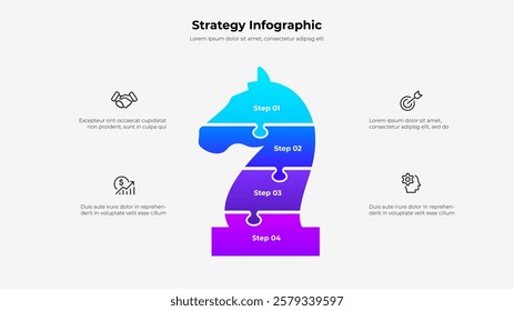 Infographic puzzle shape of a knight chess piece. Strategic planning illustration with 4 steps, solutions or processes