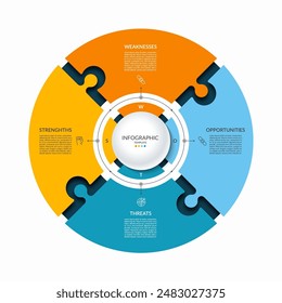 Infographic puzzle template with 4 steps, parts. Cycle diagram or chart with SWOT options. Can be used for business presentation, brochure, web design, data visualization.