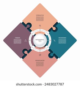 Infographic puzzle template with 4 steps, parts. Cycle diagram or chart with SWOT options. Can be used for business presentation, brochure, web design, data visualization.