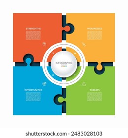 Plantilla de rompecabezas infográfico con 4 pasos, piezas. Diagrama de ciclo o gráfico con opciones de DAFO. Se puede utilizar para la presentación de negocios, folleto, Diseño web, visualización de datos.