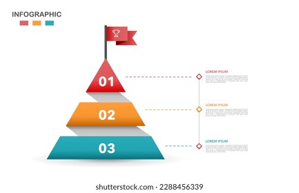 Infografische Pyramide 3 Optionen oder Schritte mit Fahne. Schritte zum Erfolg. Vektorgrafik.