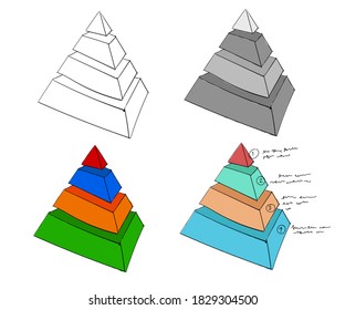 Infographic pyramid 3D isometric set collection hand drawn sketches white isolated background
