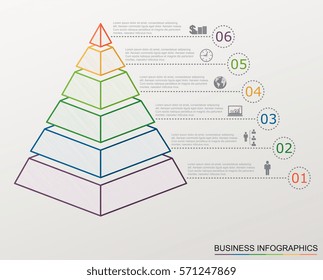 Infographic pyramid with numbers and business icons, line style, template with stepwise structure with 6 steps.
