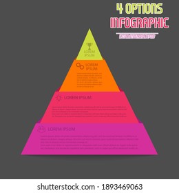 Infographic pyramid. The triangle diagram is divided into 4 parts.
Business strategy, project development schedule, or training stages. Flat design.