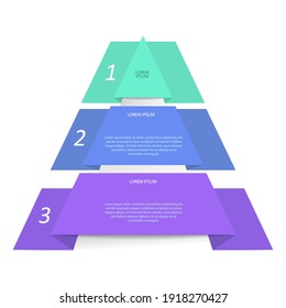 Infographic pyramid. The triangle diagram is divided into 3 parts.
Business strategy, project development schedule, or training stages. Flat design.