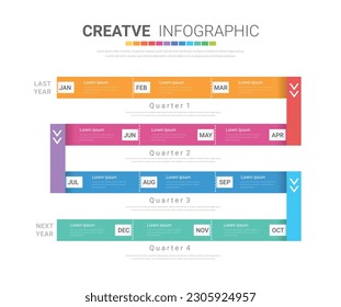 Infographic quarterly template for presentation 12 months in 4 quarter can be used for workflow layout, process diagram, flow chart. EPS vector.