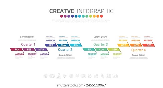 Infographic quarterly template for presentation 12 months in 4 quarter can be used for workflow layout, process diagram, flow chart. EPS vector.