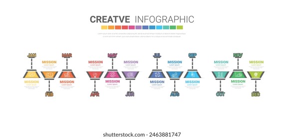 Infographic quarterly template for presentation 12 months in 4 quarter can be used for workflow layout, process diagram, flow chart. EPS vector.