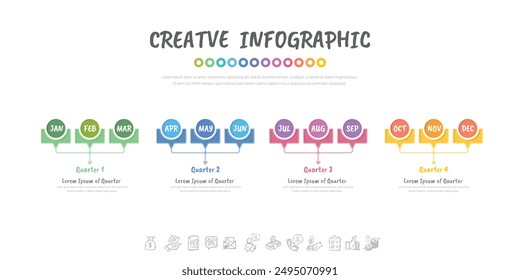 La Plantilla trimestral infográfica para la presentación 12 meses en 4 trimestres se puede utilizar para el diseño del flujo de trabajo, diagrama de proceso, diagrama de flujo. VECTOR EPS.