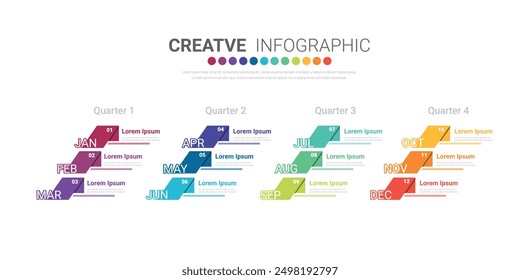 La Plantilla trimestral de la infografía para la presentación 12 meses en 4 trimestres se puede utilizar para el diseño del flujo de trabajo, diagrama de proceso, diagrama de flujo. Vector EPS.