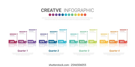 La Plantilla trimestral de la infografía para la presentación 12 meses en 4 trimestres se puede utilizar para el diseño del flujo de trabajo, diagrama de proceso, diagrama de flujo. Vector EPS.