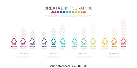 Infographic quarterly template for presentation 12 months in 4 quarter can be used for workflow layout, process diagram, flow chart. EPS vector.