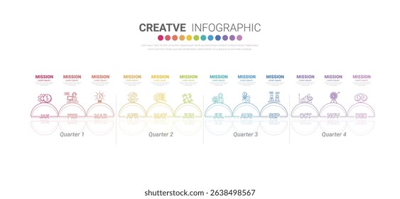 Infographic quarterly template for presentation 12 months in 4 quarter can be used for workflow layout, process diagram, flow chart. EPS vector.