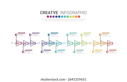 Infographic quarterly template for presentation 12 months in 4 quarter can be used for workflow layout, process diagram, flow chart. EPS vector.