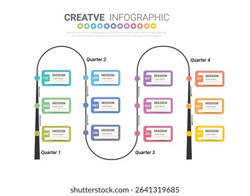 Infographic quarterly template for presentation 12 months in 4 quarter can be used for workflow layout, process diagram, flow chart. EPS vector.