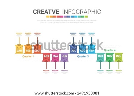 Infographic quarterly template for presentation 12 months in 4 quarter can be used for workflow layout, process diagram, flow chart. EPS vector.