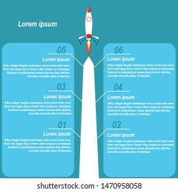  infographic with a racket flying on a dark blue background with six steps