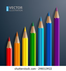 Infographic rainbow color pencils with realistic shadows diagonal growth chart on black background. RGB EPS 10 vector illustration