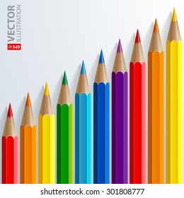 Infographic rainbow color pencils with realistic shadows diagonal growth chart on white background. RGB EPS 10 vector illustration