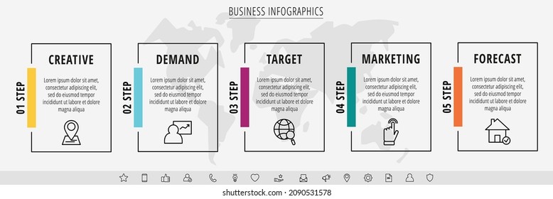 Infographic rectangles with icons. Vector business concept of five steps by step, options, squares. Template with 5 ways for diagram, web, banner, presentations, flowchart, content, levels, chart