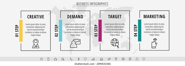 Infographic rectangles with icons. Vector business concept of four steps by step, options, squares. Template with 4 ways for diagram, web, banner, presentations, flowchart, content, levels, chart