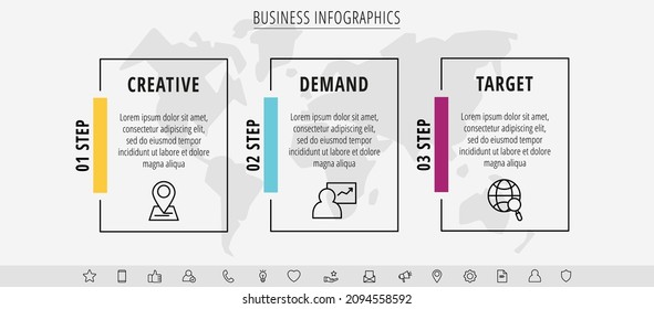 Infographic rectangles with icons. Vector business concept of three steps by step, options, squares. Template with 3 ways for diagram, web, banner, presentations, flowchart, content, levels, chart