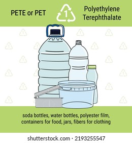 Infographic of recycling code for PET plastic. Polyethylene terephthalate is polymer resin for clothing, containers for liquids and foods. Waste management poster. Hand drawn vector illustration.