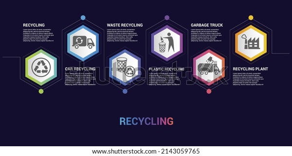 Infographic Recycling template. Icons in\
different colors. Include Recycling, Trash Container, Burnable\
Trash, Oversized Garbage and\
others.