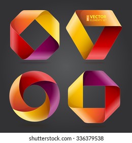 Infographic red, orange, yellow and purple curled paper triangle, rectangle and circle shapes on dark grey background. RGB EPS 10 vector illustration