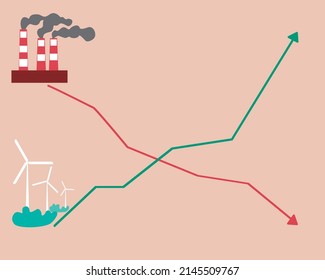 La infografía reduce el impacto ambiental en el mundo. Ilustración de material vectorial plano. Gráfico del impacto de la industria en el medio ambiente. Transición a fuentes alternativas de energía renovable