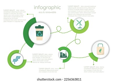 Infographic renewable energy template for energy consumption sustainable information presentation. Vector suare and geometric elements. green modern workflow diagrams. Report plan 5 topics