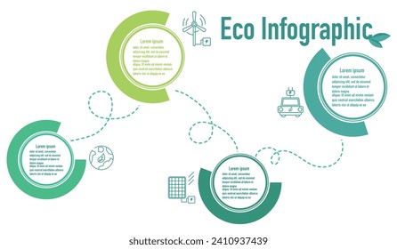 Plantilla de energía renovable infográfica para la presentación de información sostenible sobre el consumo de energía. Los elementos vectoriales son un paso en los diagramas de flujo de trabajo ecológicos. Temas del plan de informes 4