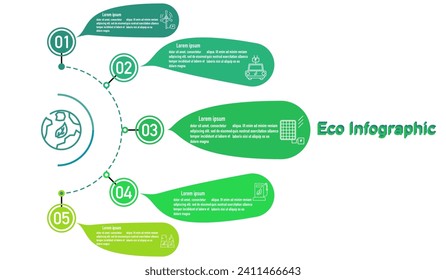 Infografik-Vorlage für erneuerbare Energien für Energieverbrauch nachhaltige Informationspräsentation. Vektorelemente erstellen öko-grüne Workflow-Diagramme. Plan 5 - Themen Bericht