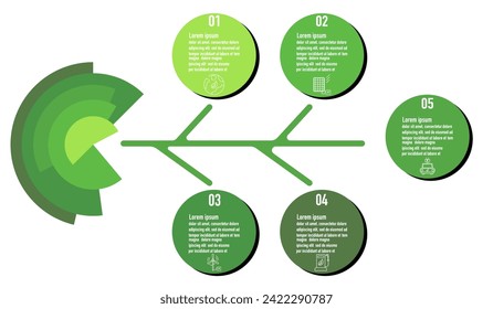 Plantilla de energía renovable infográfica para la presentación de información sostenible sobre el consumo de energía. Los elementos vectoriales son un paso en los diagramas de flujo de trabajo ecológicos. Temas del plan de informes 5