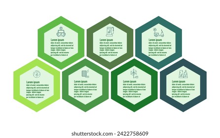 Infografik-Vorlage für erneuerbare Energien für Energieverbrauch nachhaltige Informationspräsentation. Vektorelemente erstellen öko-grüne Workflow-Diagramme. Plan 7 Themen berichten