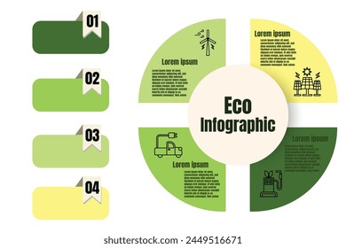 Infografía Plantilla de energías renovables para el consumo energético presentación de información sostenible. Vector cuadrado y Elementos de iconos. ecología diagramas de flujo de trabajo modernos. Plan del informe 4 temas