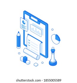 Infographic report and collection online statistics isometric concept. Presentation of technology diagrams and research information. Optimization strategy web user surveys vector illustration.