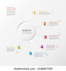  Plantilla de informe de infografía para seis pasos u opciones, hecha de elementos de relieve de círculo con descripciones e iconos de números grandes