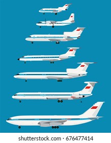 Infographic retro USSR civil planes series. Real Relative Sizes