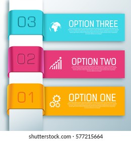 Infographic ribbon horizontal banners with text three options and white icons isolated vector illustration