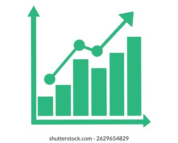 infographic of a rising bar graph, green graph illustration of increasing business growth. upward trendline and upward arrow, indicating positive growth. growth chart, increasing trend, bar graph, lin