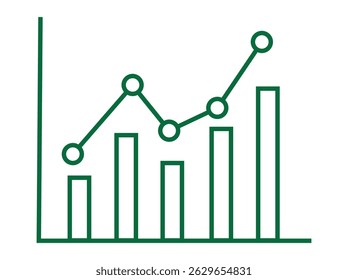 infographic of a rising bar graph, green graph illustration of increasing business growth. upward trendline and upward arrow, indicating positive growth. growth chart, increasing trend, bar graph, lin