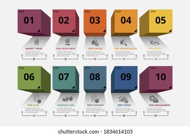 Infographic Risk Management template. Icons in different colors. Include Trend, Investment, Risk Capital, Identification and others.
