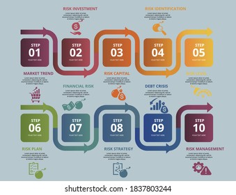 Infographic Risk Management template. Icons in different colors. Include Market Trend, Investment, Capital, Identification and others.