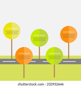 Infographic with road, green and orange tree, sun. Flat design Vector illustration