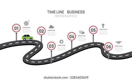 Infografik-Straßenvorlage für Unternehmen. 6 Schritte Modernes Zeitdiagramm mit Routenerfolg Meilenstein Konzept, Darstellung Vektorgrafik.