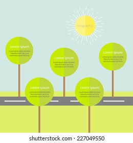 Infographic with road tree and sun. Flat design Vector illustration